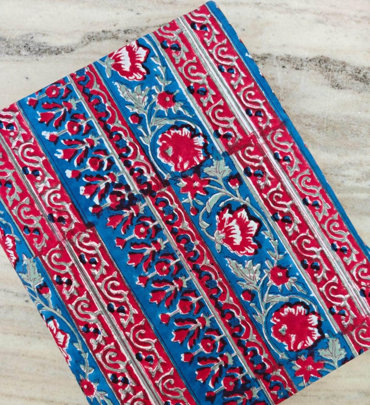 Boho Red & Teal Floral Stripe Cotton Fabric, Indian Handblock Style Print, Vintage Ethnic Textile, Quilting Dressmaking Craft Fabric