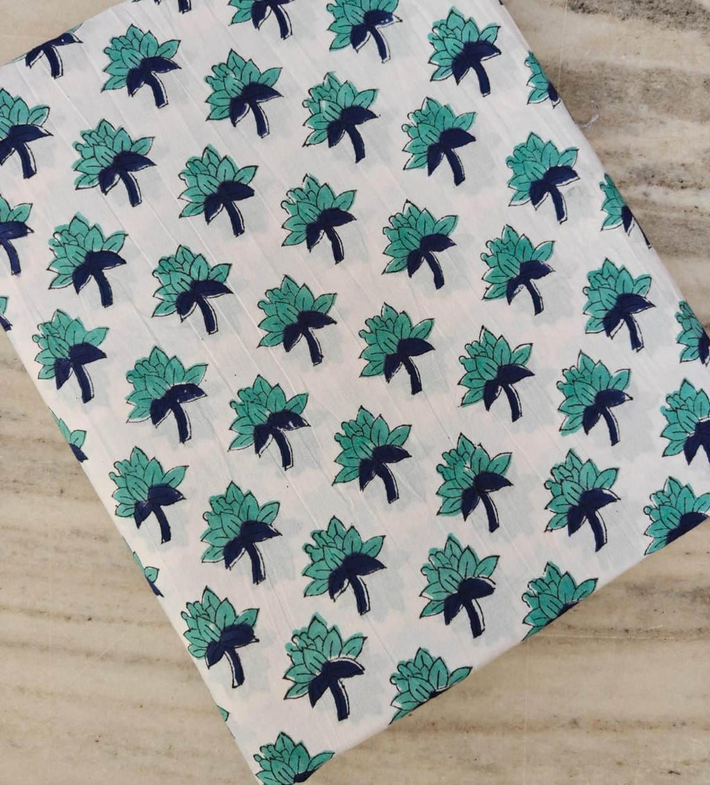 Hand Block Print Cotton Fabric, Floral Buti Indian Cotton Fabric, Blue Green Flower Print Fabric Soft Cotton Dressmaking Fabric Craft Fabric