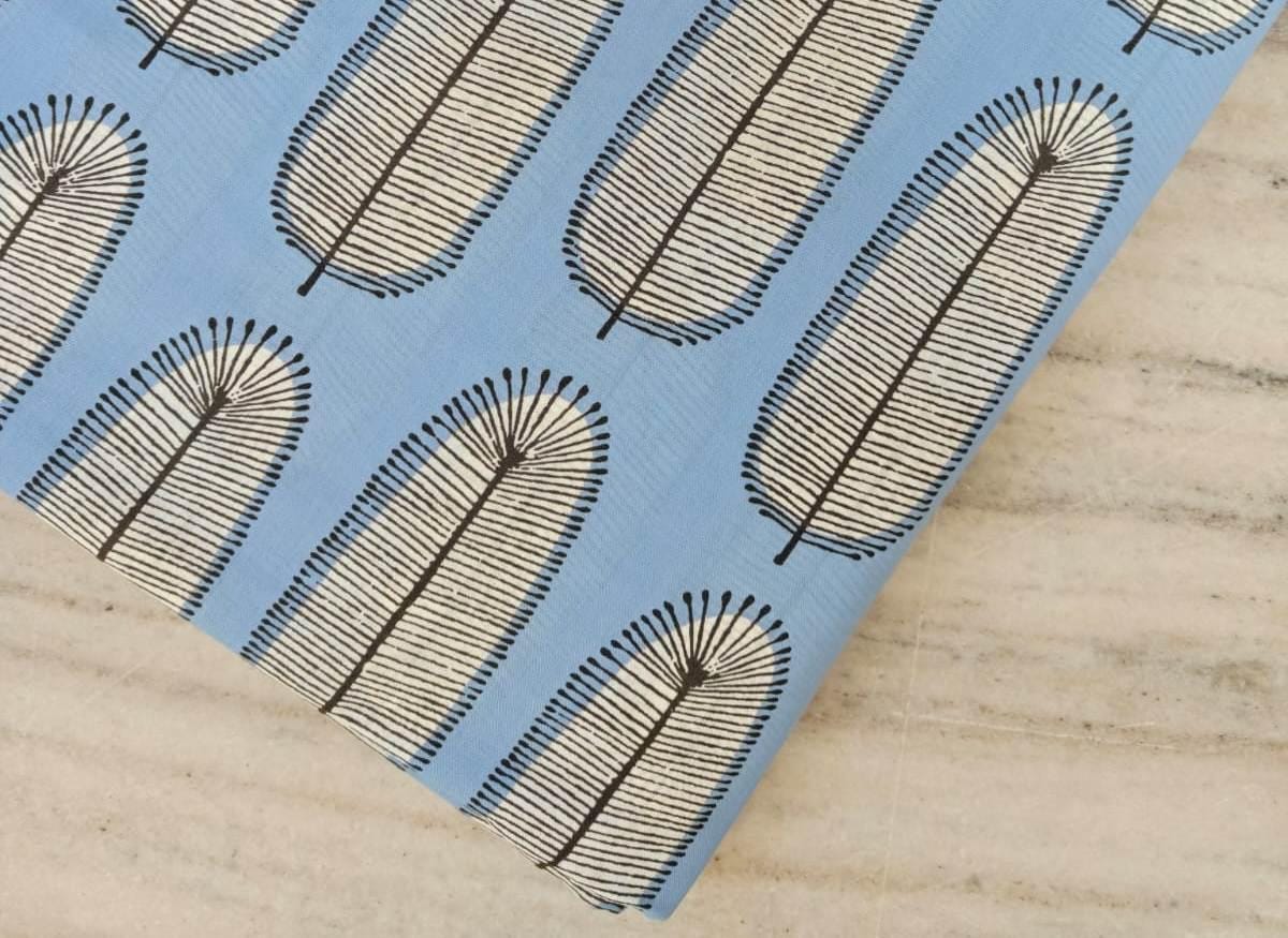 Blue Feather Print Cotton Fabric | Modern Minimal Leaf Pattern| Soft Indian Fabric by the Yard for  Dressmaking | Loose Running Fabric