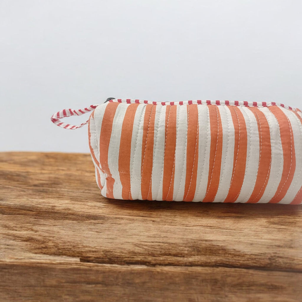 Orange Striped Quilted Makeup Pouch, Handmade Cotton Zip Bag, Small Travel Cosmetic Case with Wrist Loop, Boho Toiletry Pouch