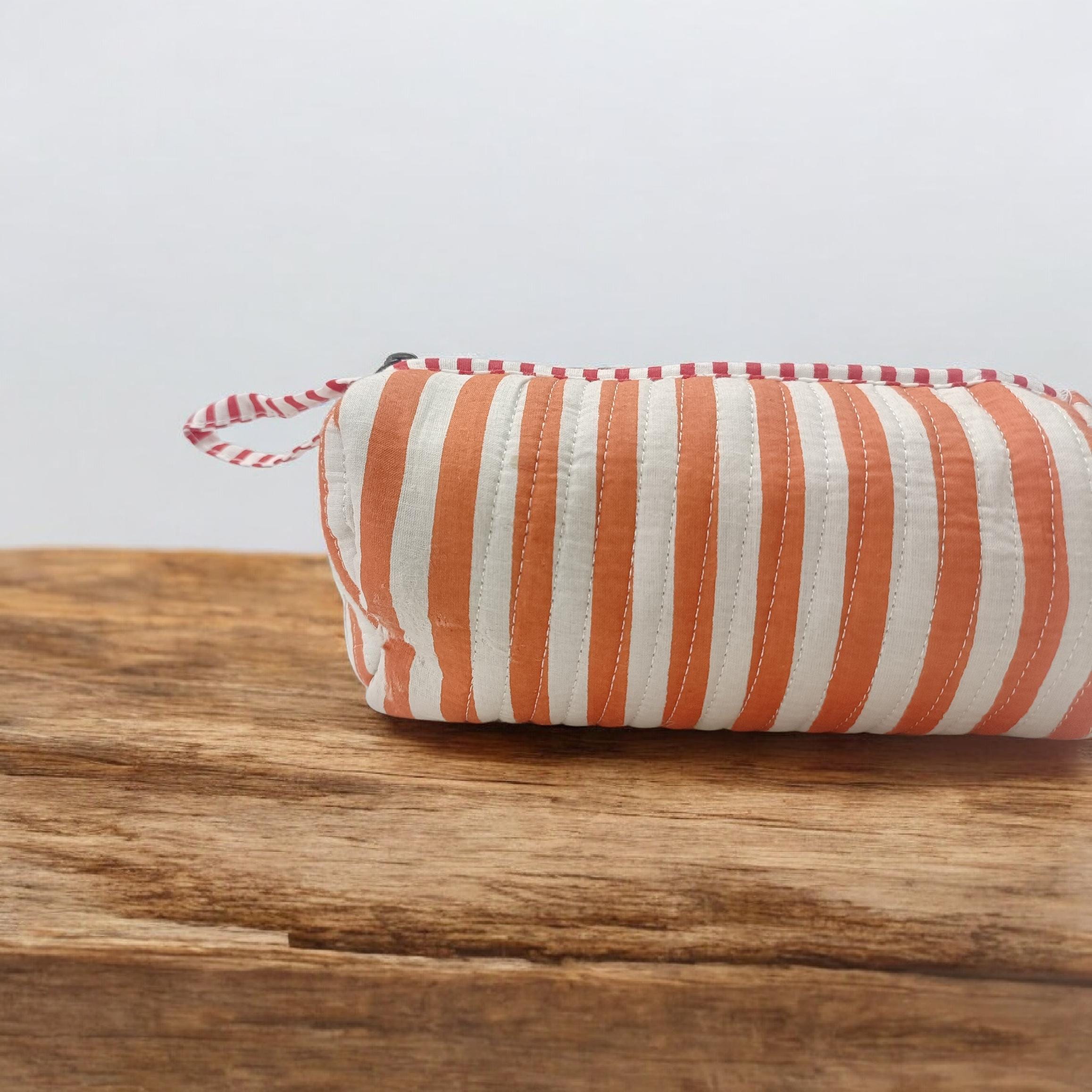 Orange Striped Quilted Makeup Pouch, Handmade Cotton Zip Bag, Small Travel Cosmetic Case with Wrist Loop, Boho Toiletry Pouch