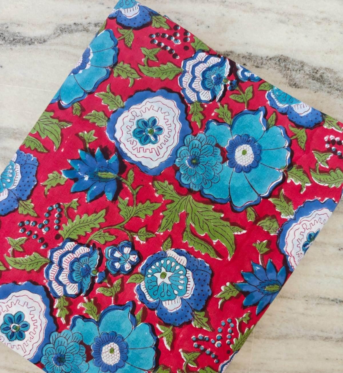 Red Floral Cotton Fabric, Blue Flower Indian Block Print Fabric, Floral Fabric by the Yard, Quilting Sewing Fabric, Handmade Cotton Textile