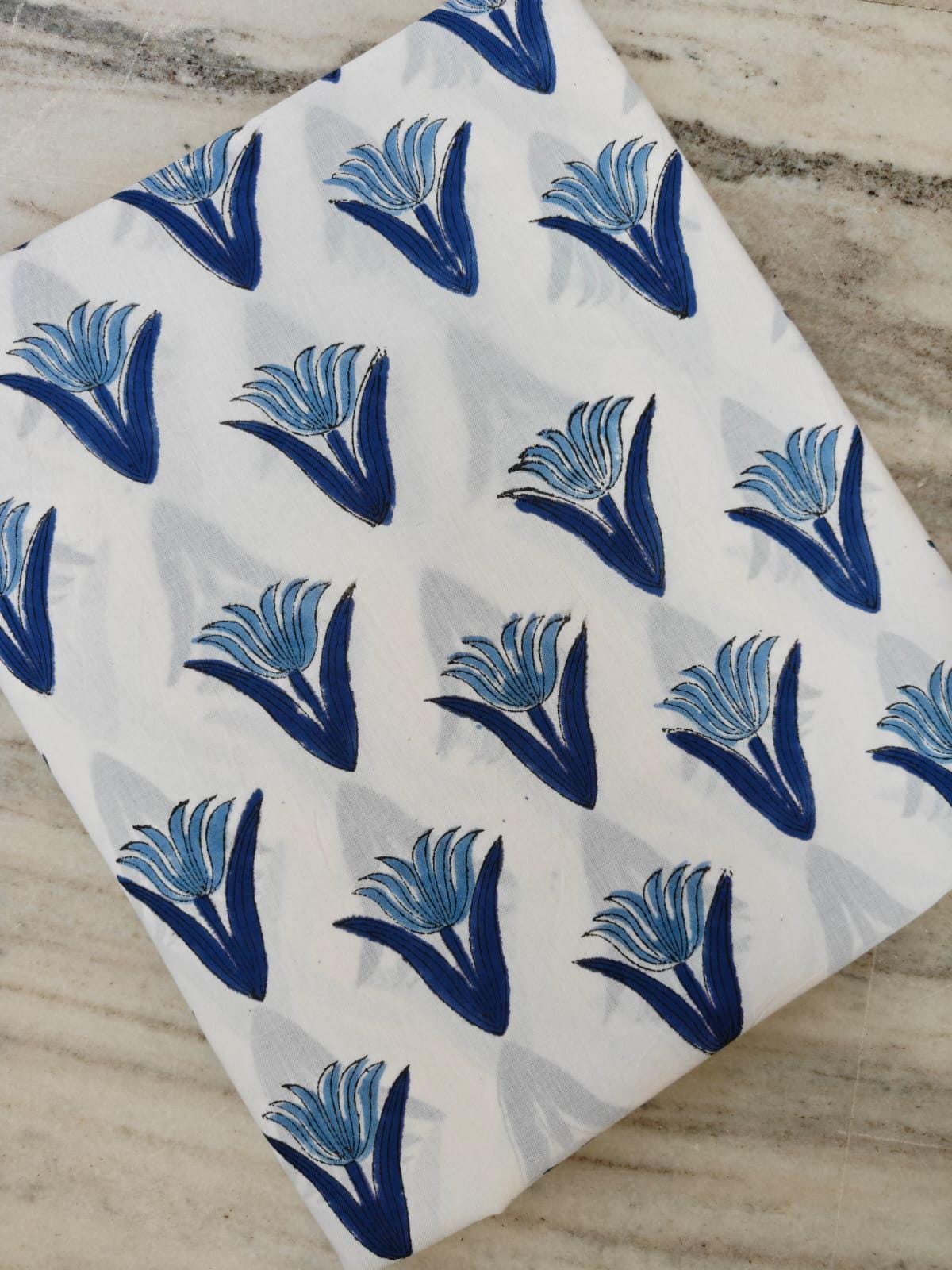 Blue Floral Cotton Fabric, Indian Block Print Fabric, Blue White Flower Print Cotton, Hand Block Floral Fabric, Sewing Dress Making Fabric