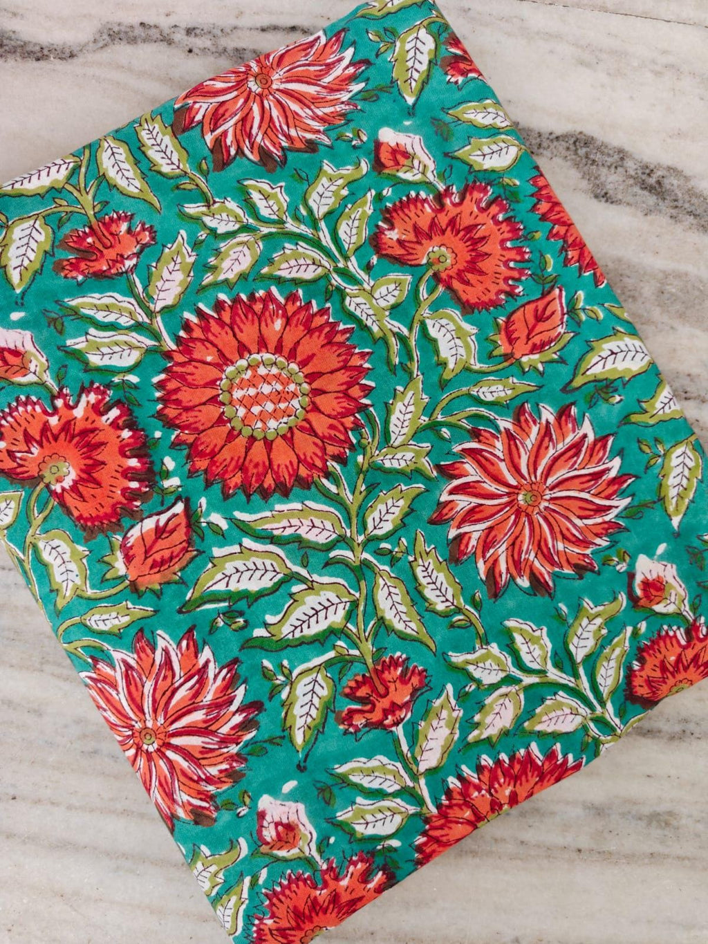 Turquoise Floral Cotton Fabric, Red Orange Flower Print Fabric, Indian Block Print Cotton, Boho Quilting Fabric, Craft Sewing Napkins Fabric