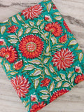 Turquoise Floral Cotton Fabric, Red Orange Flower Print Fabric, Indian Block Print Cotton, Boho Quilting Fabric, Craft Sewing Napkins Fabric