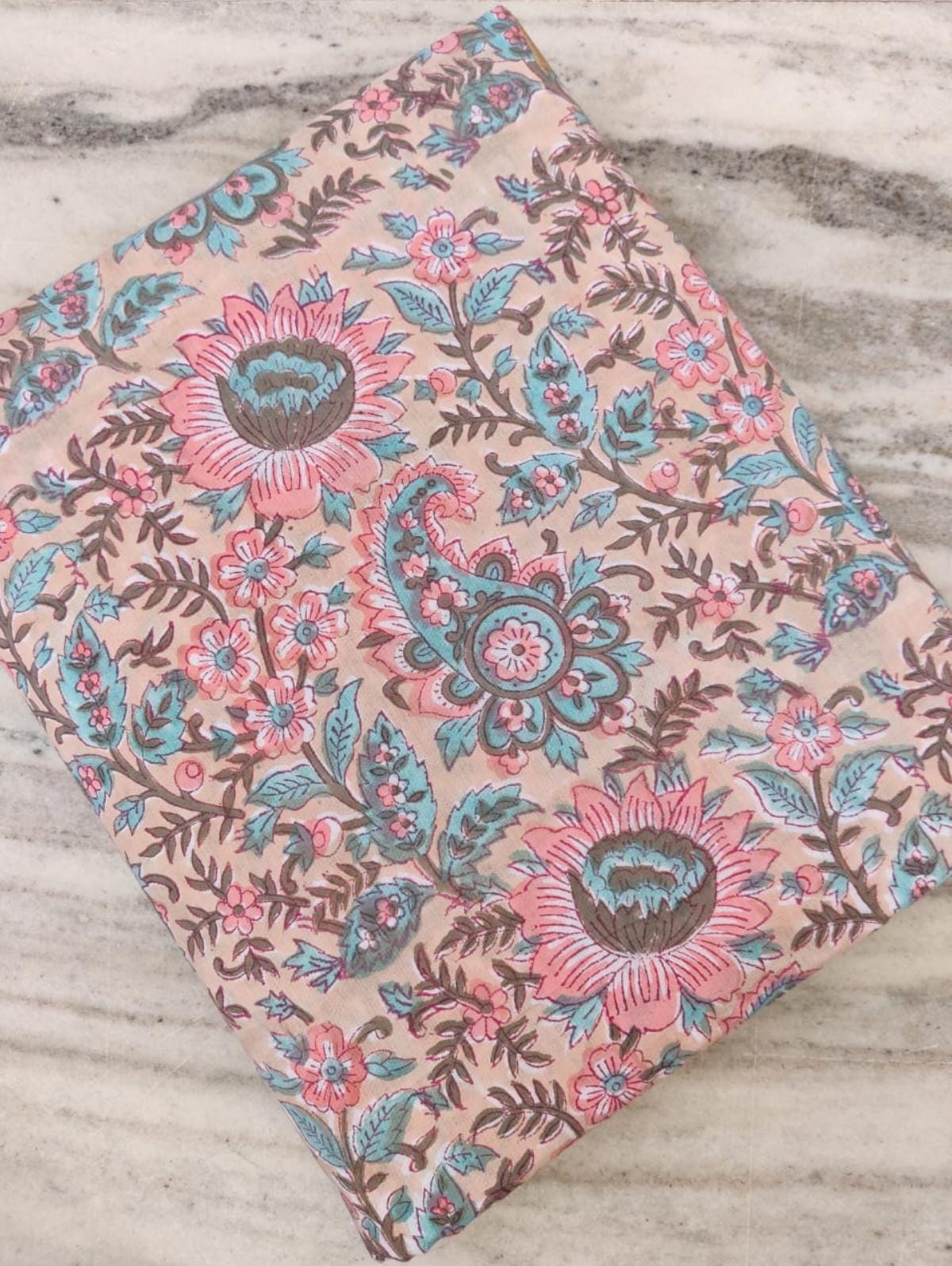 Pink Hand Block Print Cotton Fabric, Floral 100% Cotton Quilting Fabric By The Yard, Handmade Fabric, Loose Running Fabric, Textile Fabric