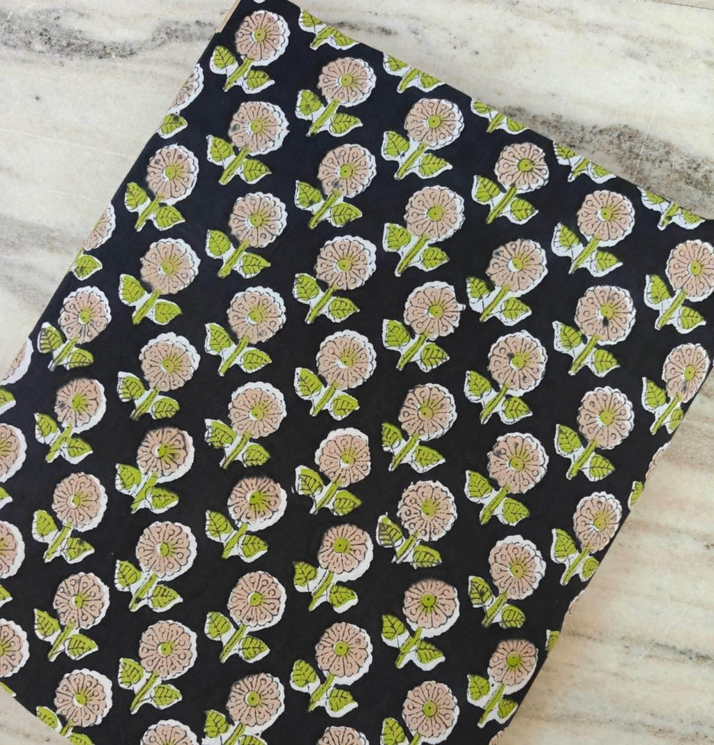 Black Floral Cotton Fabric by the Yard – Small Block Print Flower – Green & Beige Indian Handmade Textile, Soft White Cotton for Dressmaking