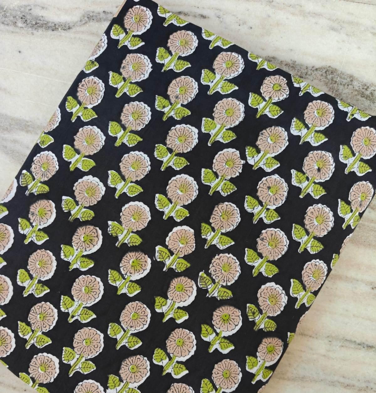 Black Floral Cotton Fabric by the Yard – Small Block Print Flower – Green & Beige Indian Handmade Textile, Soft White Cotton for Dressmaking