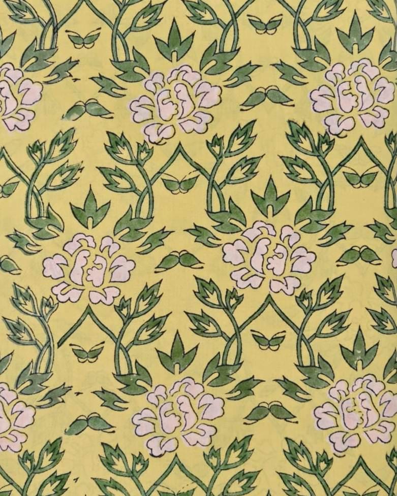 Yellow Floral Cotton Fabric, Hand Block Print Fabric, Indian Cotton Textile, Soft Dressmaking Fabric, Vintage Flower Print Craft Fabric Yard