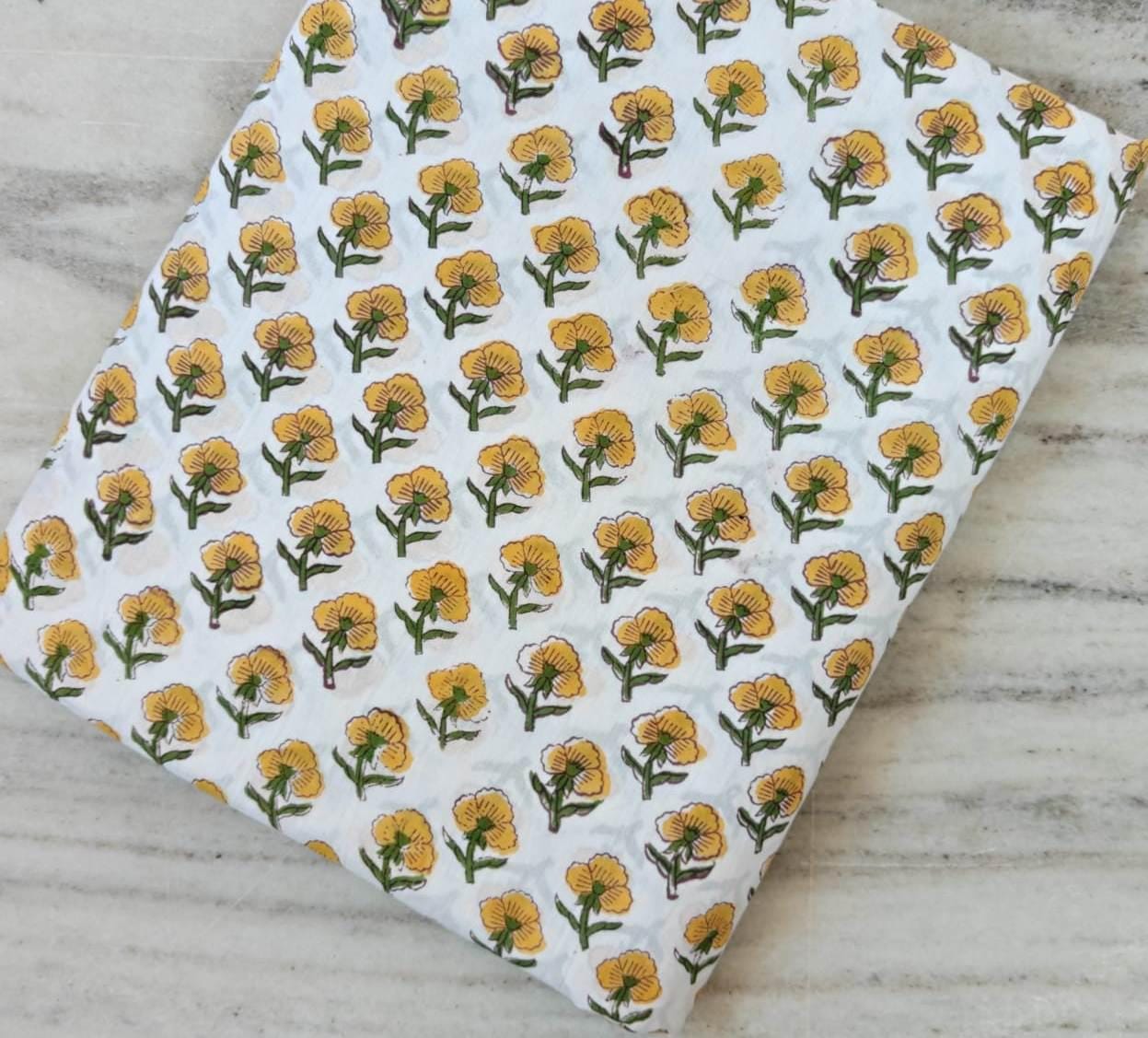 Indian Hand Block Print Cotton Fabric, Yellow Floral Buti Print Fabric, Jaipur Cotton Textile, Small Flower Botanical Fabric for Sewing Gift