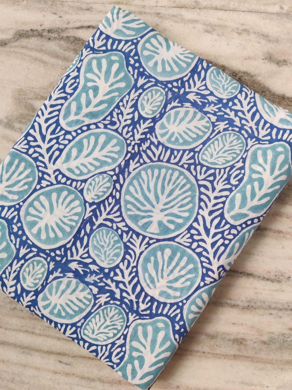 Blue Aqua Coral Print Cotton Fabric by the Yard, Ocean Sea Life Pattern, Soft Indian Cotton for Quilting, Dressmaking, Loose Running Fabric