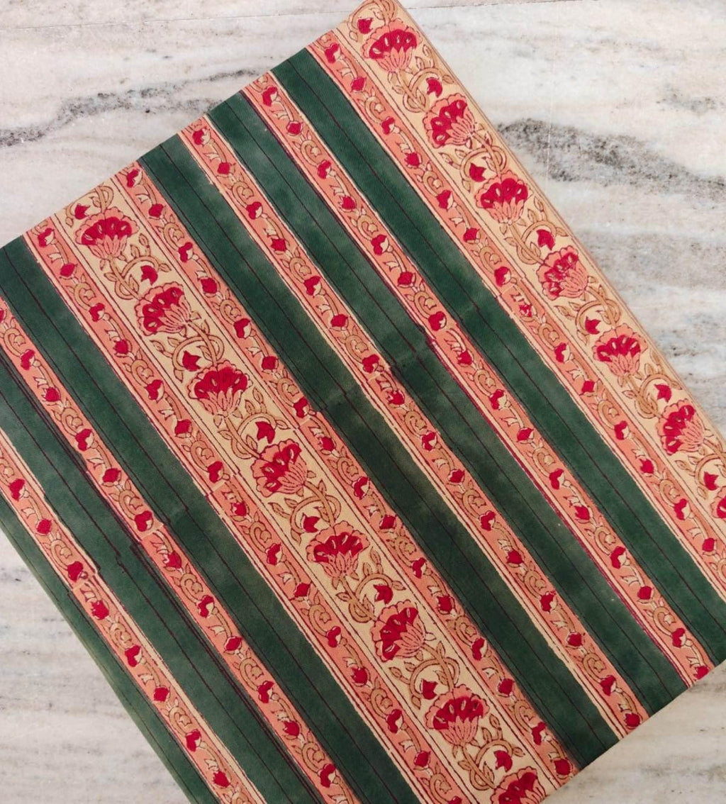 Green and Red Floral Striped Cotton Fabric, Traditional Indian Block Print Fabric, Handmade Cotton By The Yard Quilting & Craft Projects
