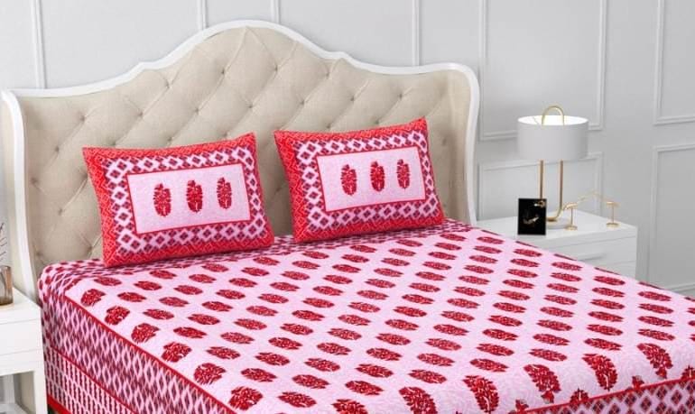 Red White Cotton Bedsheet with Pillow Covers, Hand Block Print Floral Bedspread, Soft Breathable Indian Bedding Set, Queen Size Bed Linen