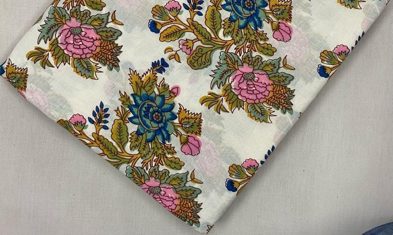 Hand Block Printed Cotton Fabric, Vintage Floral Cotton Fabric by Yard, Multicolor Indian Textile, Blue Pink Flower Soft Lightweight Fabric