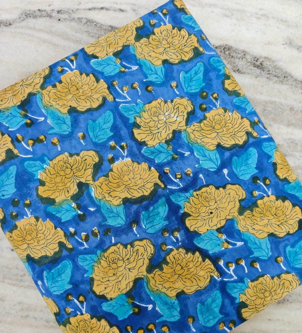 Blue Floral Cotton Fabric, Hand Block Print Fabric, Yellow Flower Indian Cotton, Botanical Print Fabric, Quilting Craft Fabric, Boho Textile