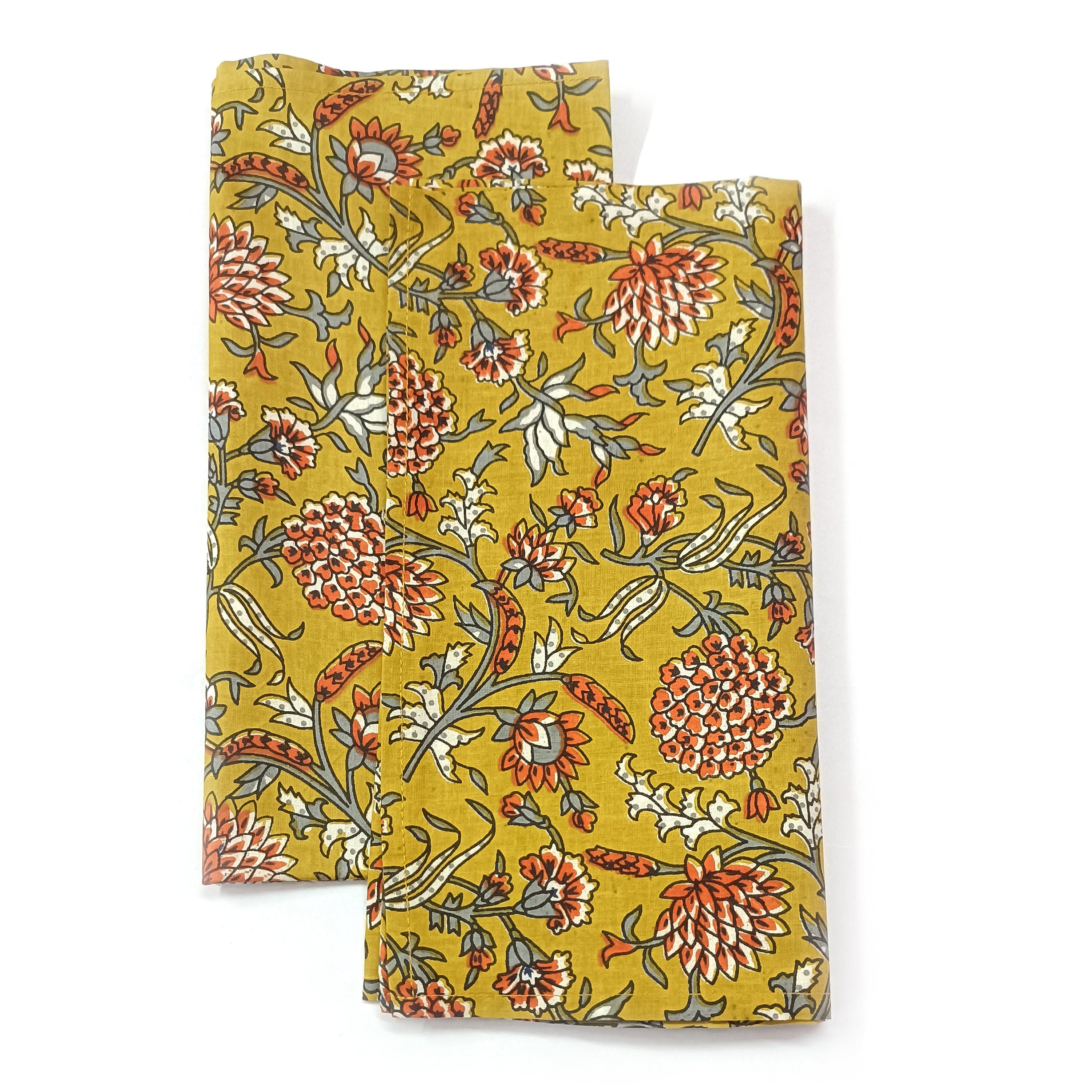 Yellow Floral Block Print Cotton Napkins: Scalloped Dinner Napkins (Set of 4)