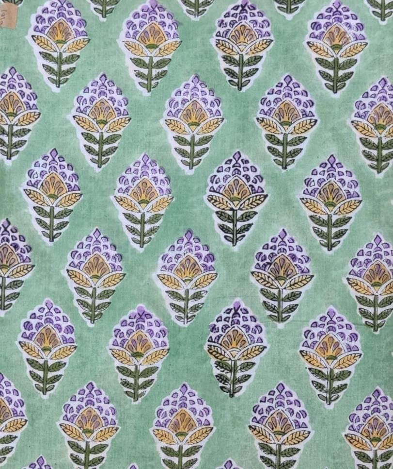 Green Cotton Fabric with Purple & Yellow Floral Print, Hand Block Print Fabric by the Yard, Soft Indian Cotton for Quilting, Dressmaking