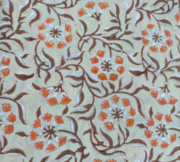 Green Orange Floral Quilting Fabric, Soft Cotton, Indian Hand Block Print Fabric, 100% Cotton Fabric By The Yard, Fabric for Loose Running