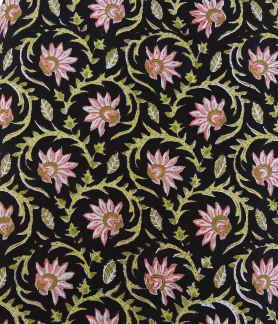 Black Floral Cotton Fabric by the Yard, Pink Lotus Vine Print, Indian Block Print Fabric, Botanical Quilting Fabric, Dressmaking, Napkins