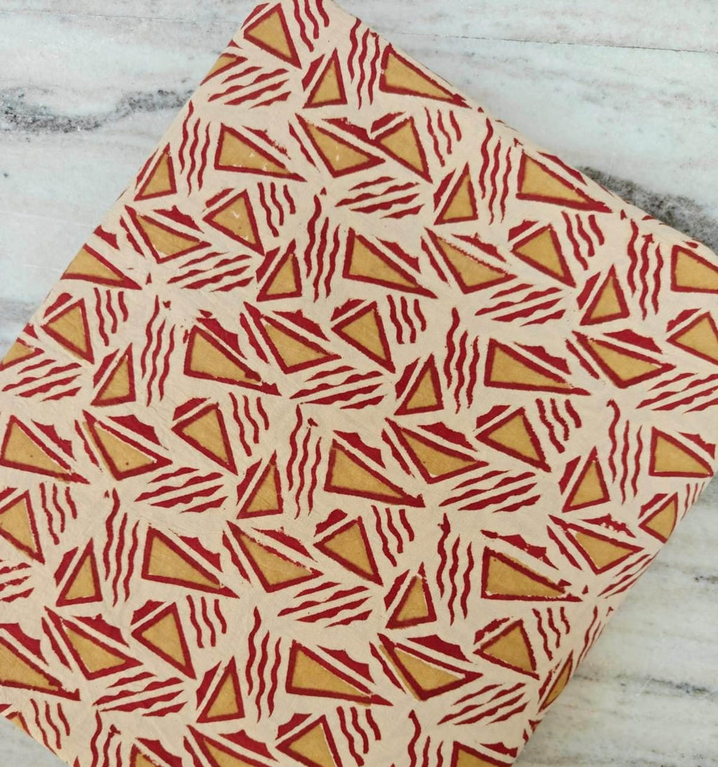 Red Mustard Geometric Cotton Fabric, Triangle Block Print, Indian Handcrafted Sewing Quilting Fabric by the Yard, Fabric For Dress Making