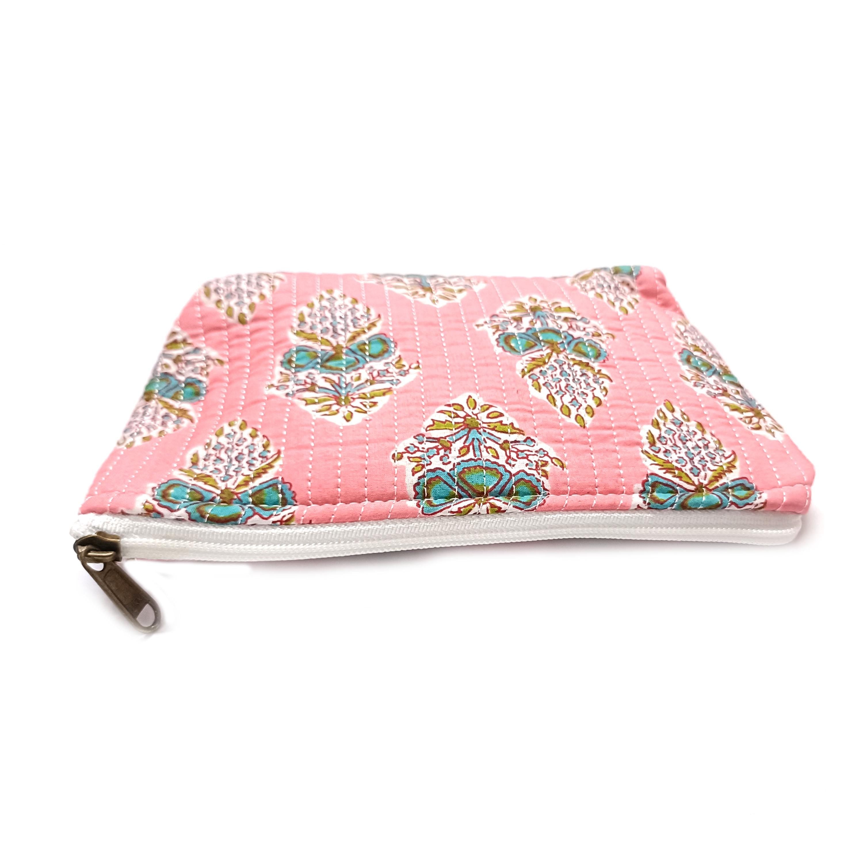 Pink Floral Quilted Pouch: Cotton Makeup Cosmetic Bag