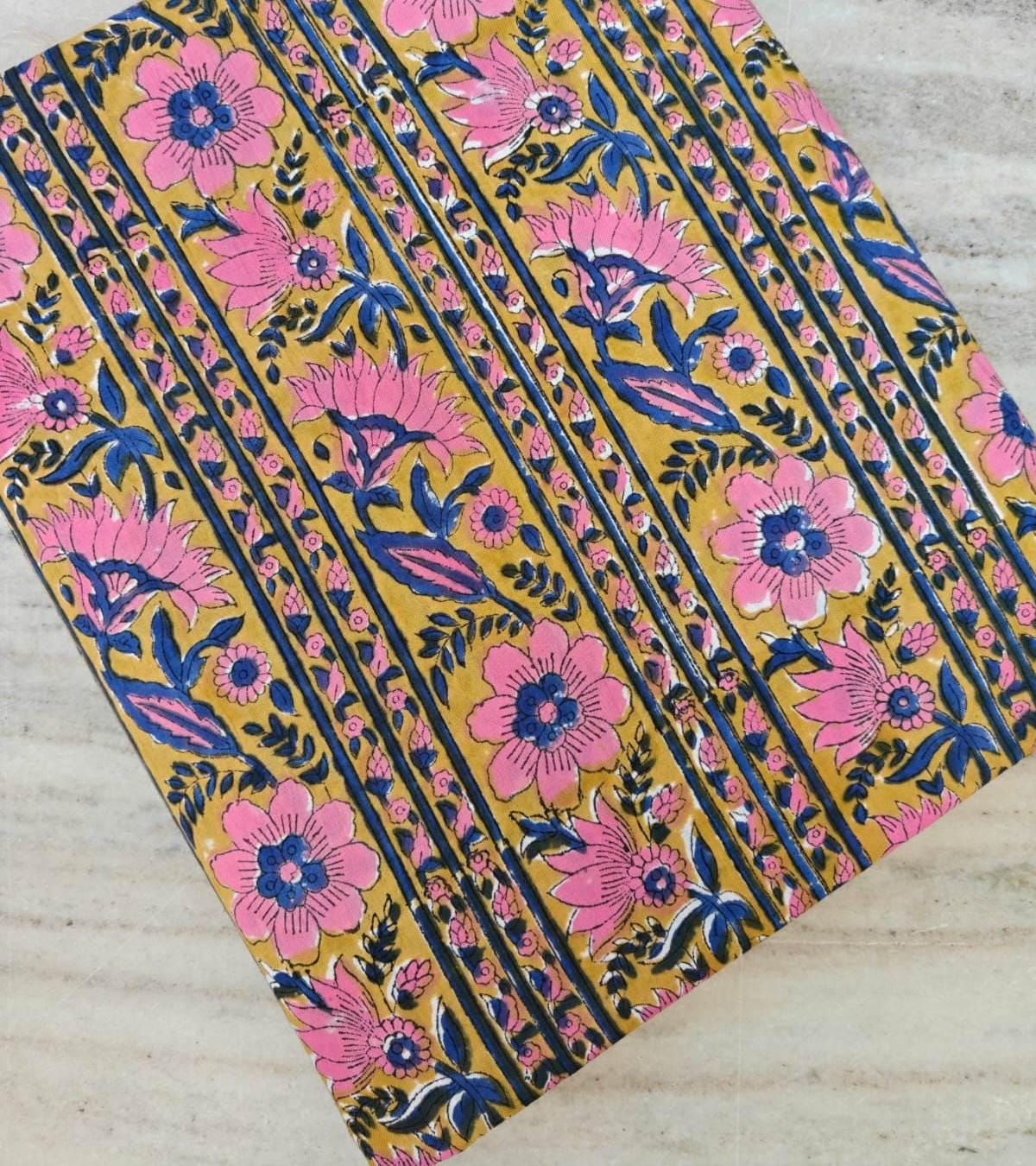 Mustard Yellow Floral Cotton Fabric, Pink Blue Indian Block Print, Stripe Boho Fabric by Yard, Quilting Sewing Dressmaking Quilting Napkins