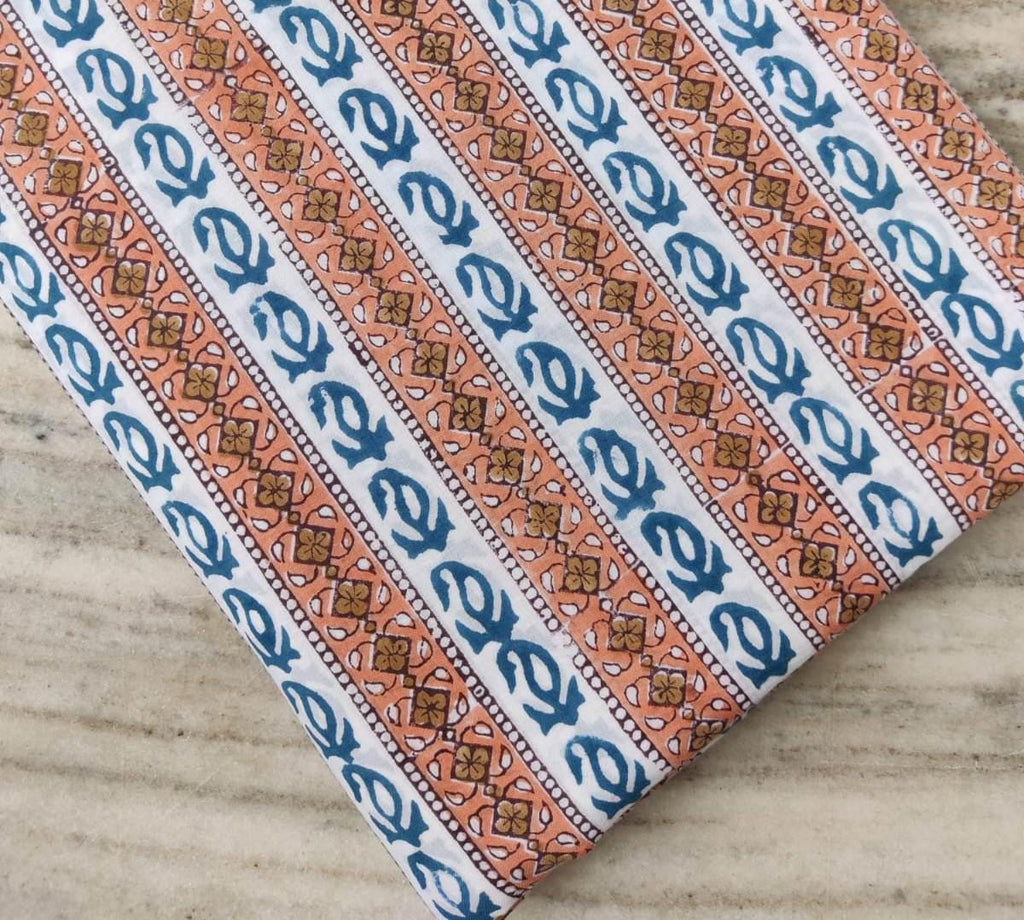 Orange Blue Block Print Cotton Fabric | Striped Floral Printed Fabric by the Yard | Soft Cotton for Quilting, Sewing, Dressmaking, Crafts