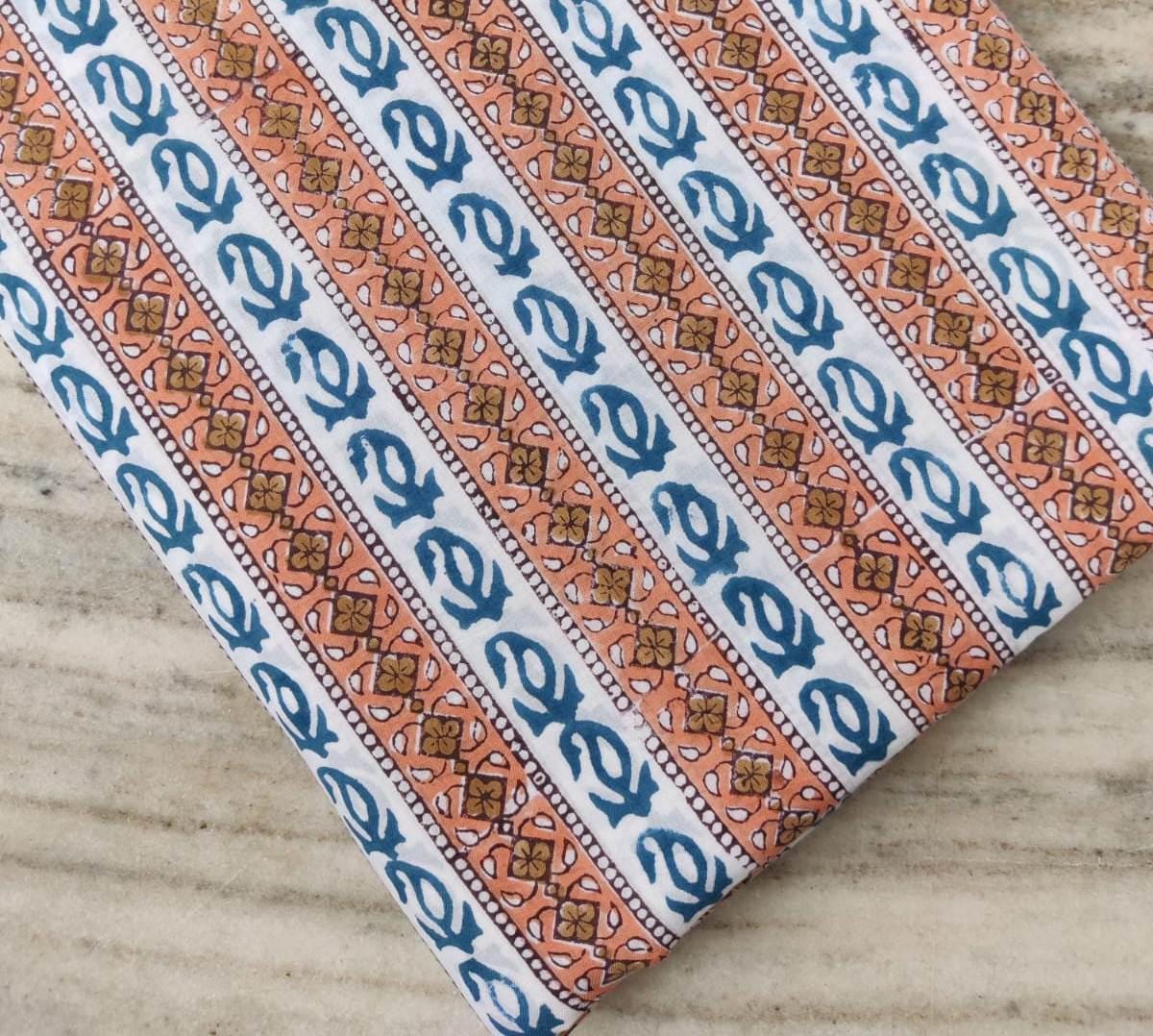 Orange Blue Block Print Cotton Fabric | Striped Floral Printed Fabric by the Yard | Soft Cotton for Quilting, Sewing, Dressmaking, Crafts