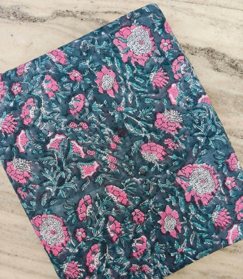 Teal Pink Floral Cotton Fabric, Vintage Botanical Print, Quilting Fabric by the Yard, Indian Style Block Print, Dressmaking Craft Fabric