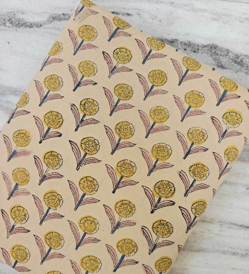 Block Print Cotton Fabric, Yellow Flower Motif on Beige, Handmade Indian Fabric for Sewing & Quilting, Fabric By The Yard, Running Fabric