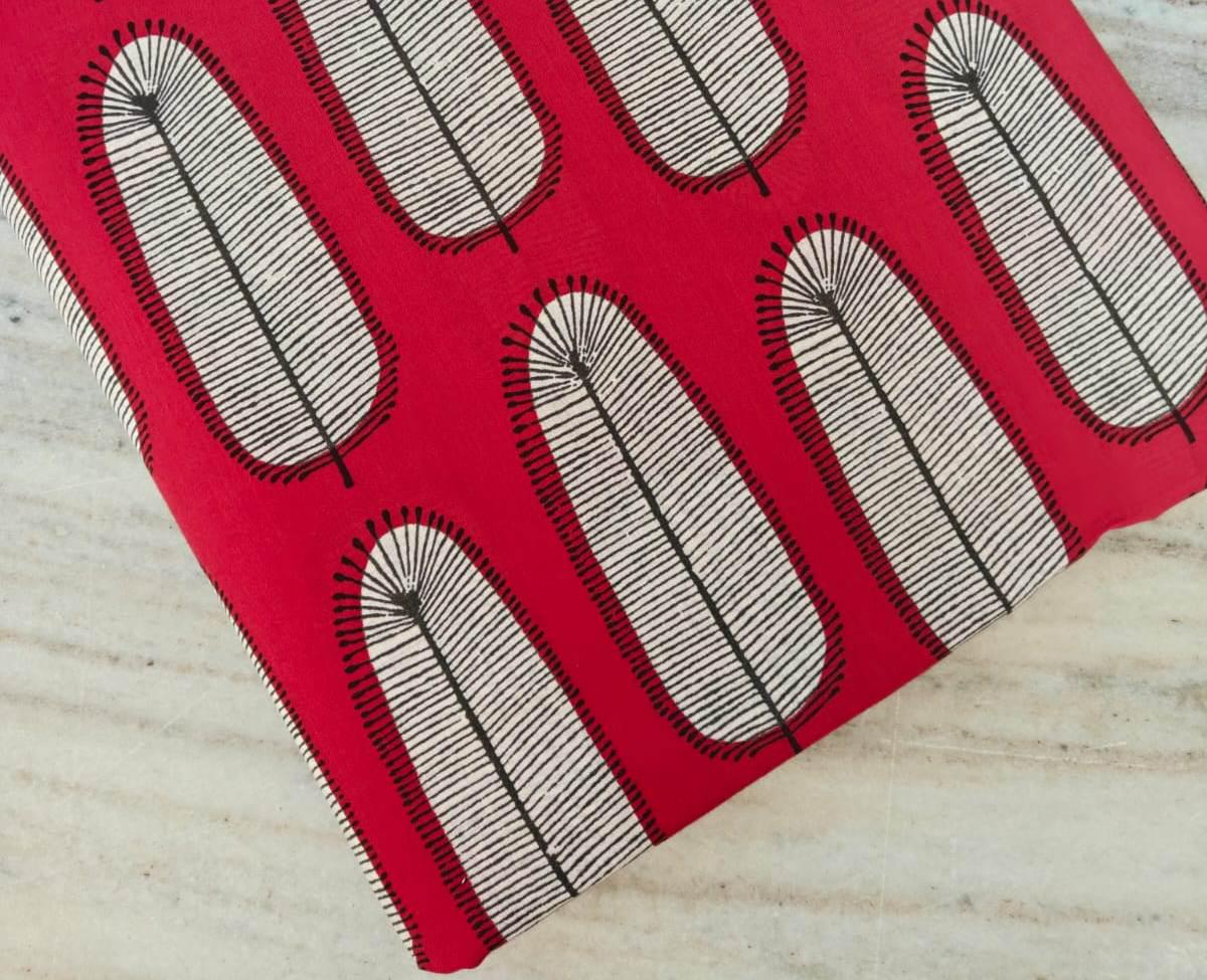 Designer Red Feather Print Cotton Fabric | Modern Leaf Pattern | Soft Indian Fabric by the Yard for Quilting, Sewing & Dressmaking | Gifts