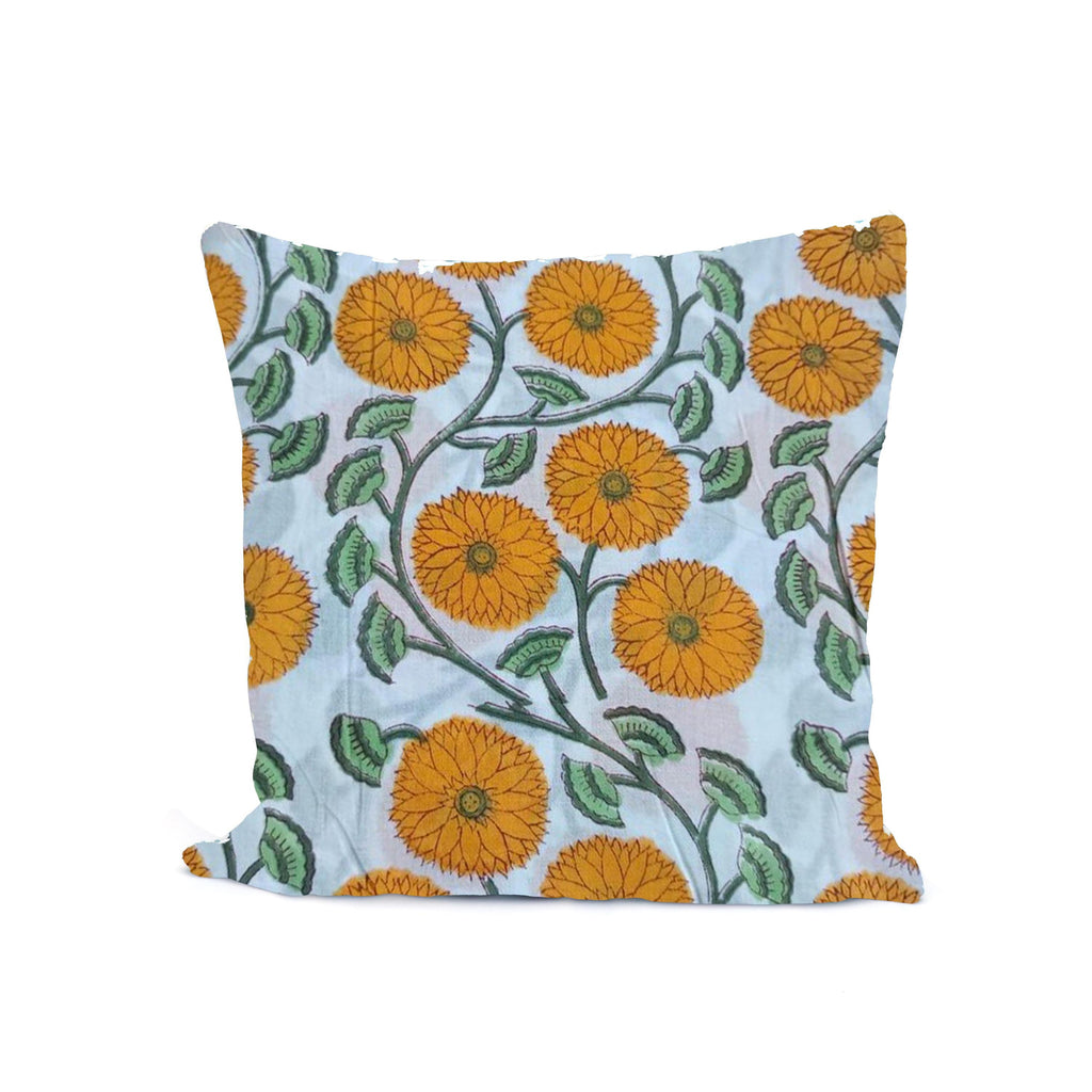 Hand Block Printed Cotton Cushion Cover, Yellow Floral Pillow Cover, Decorative Throw Pillow, 16x16 Cushion Cover, Handmade Indian Cotton