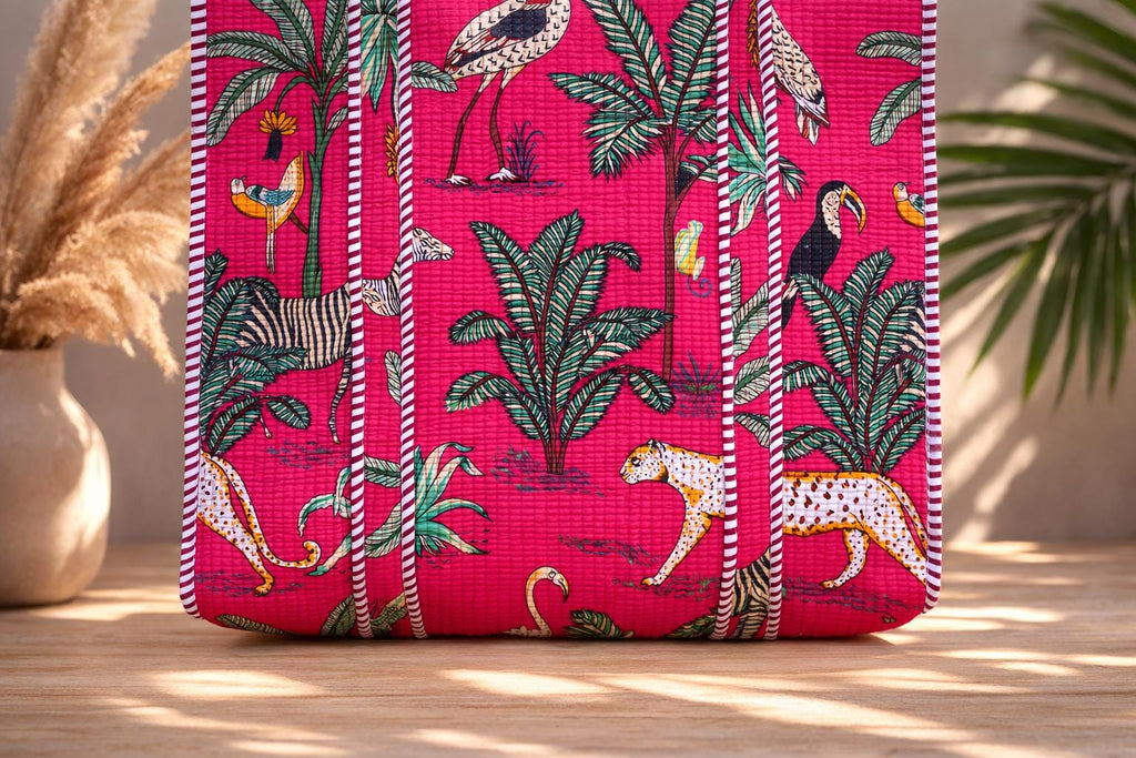 Pink Jungle Print Quilted Tote Bag, Handmade Cotton Block Print Shoulder Bag, Large Fabric Shopper, Reusable Market Bag, Safari Animal Tote