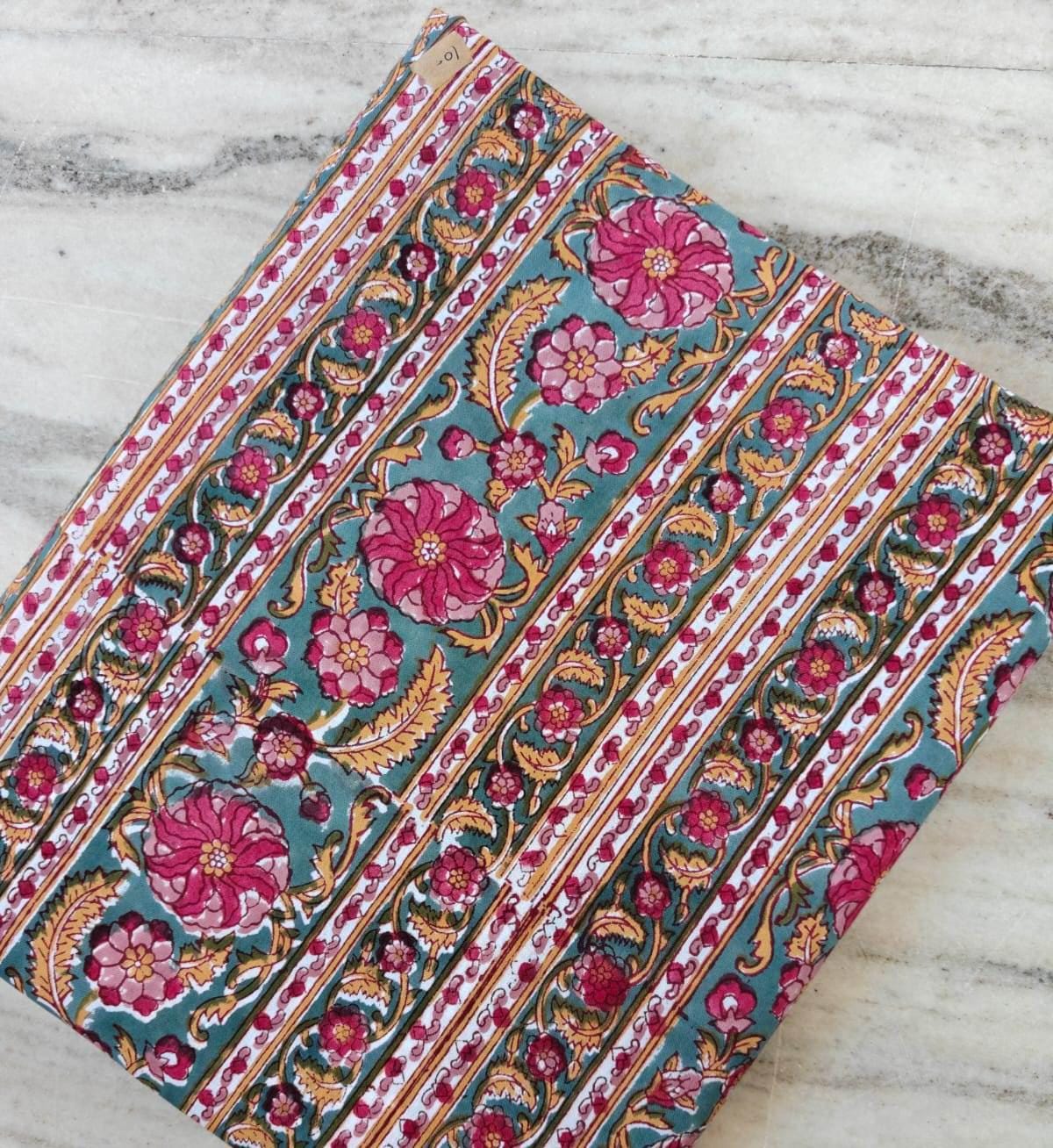 Teal Floral Cotton Fabric, Indian Block Print Fabric, Pink Flower Stripe Fabric, Boho Upholstery Fabric Quilting Sewing Craft Fabric by Yard