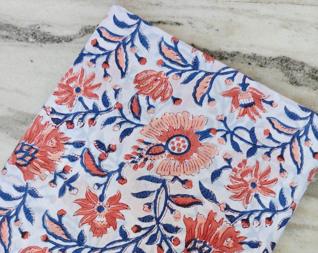 Blue Floral Cotton Fabric by Yard | Red Flower and White Base Hand Block Print | Indian Soft Cotton for Quilting, Dressmaking, Sewing Crafts