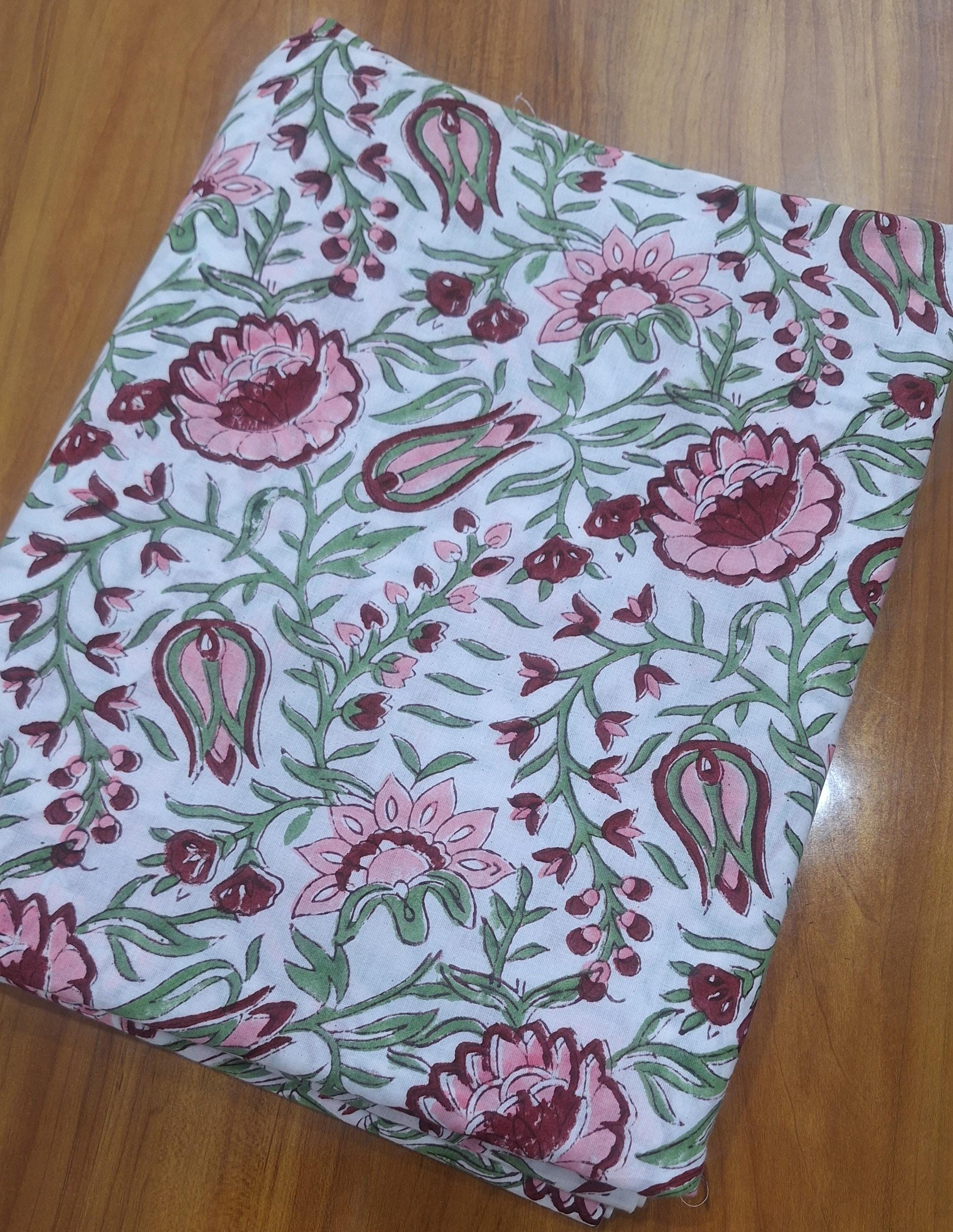 Pink Floral Cotton Fabric, Hand Block Print Indian Cotton, Soft Lightweight Fabric for Dressmaking, Quilting, Sewing & DIY Crafts