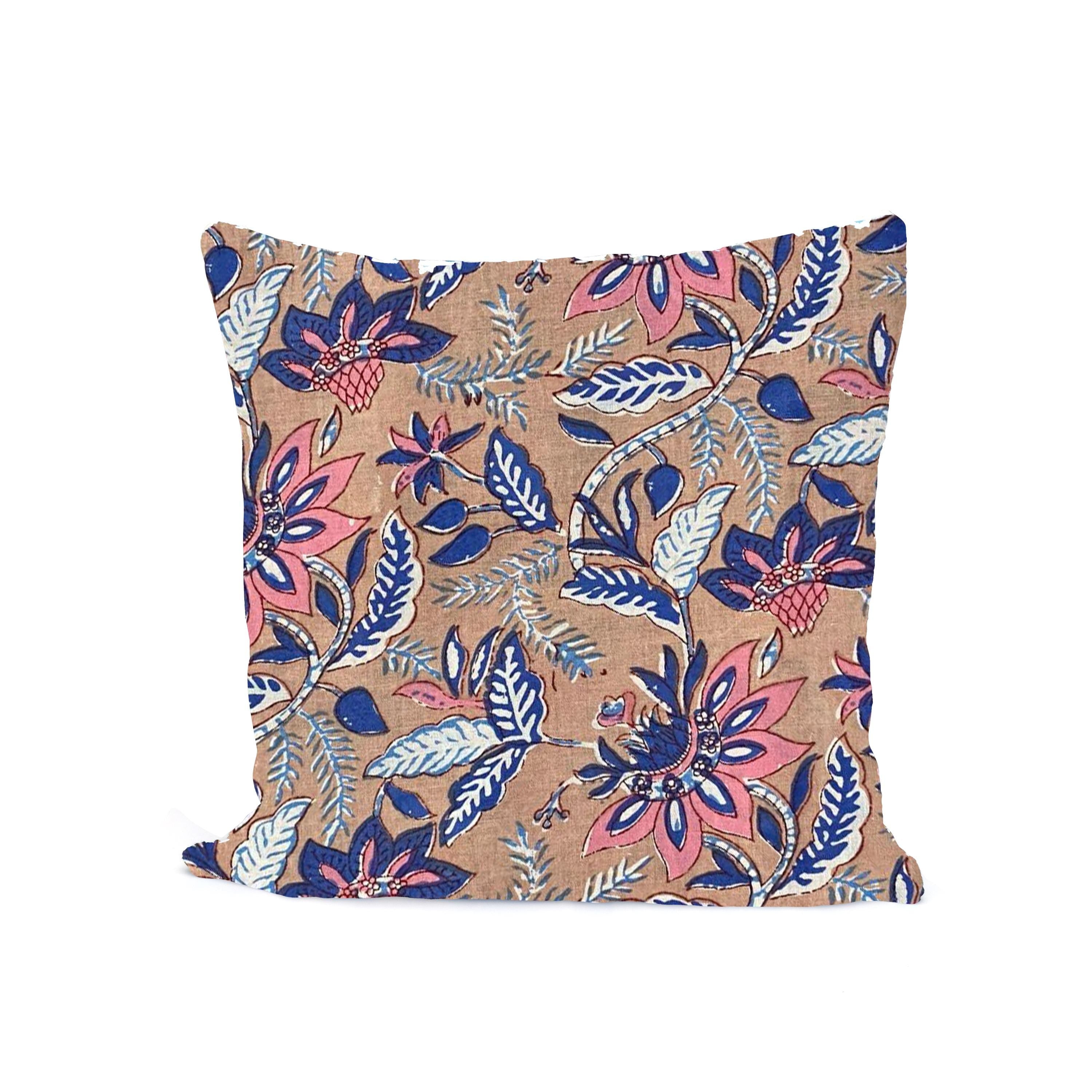 Floral Cotton Cushion Cover, Blue Pink Botanical Pillow Case, Hand Block Print Style Throw Pillow Cover, Farmhouse Boho Home Decor