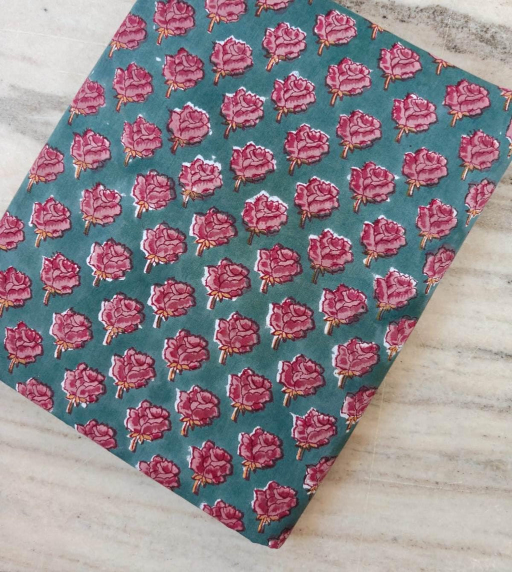 Teal Pink Floral Cotton Fabric, Small Block Print Flower Pattern, Indian Handmade Fabric, Boho Sewing Fabric by Yard, Loose Running Fabric