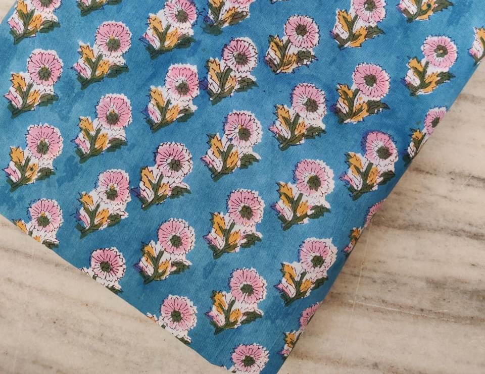 Blue Floral Cotton Fabric by the Yard | Pink Flower Hand Block Print Fabric | Sewing, Quilting, Dressmaking | Craft Cotton | Handmade Fabric