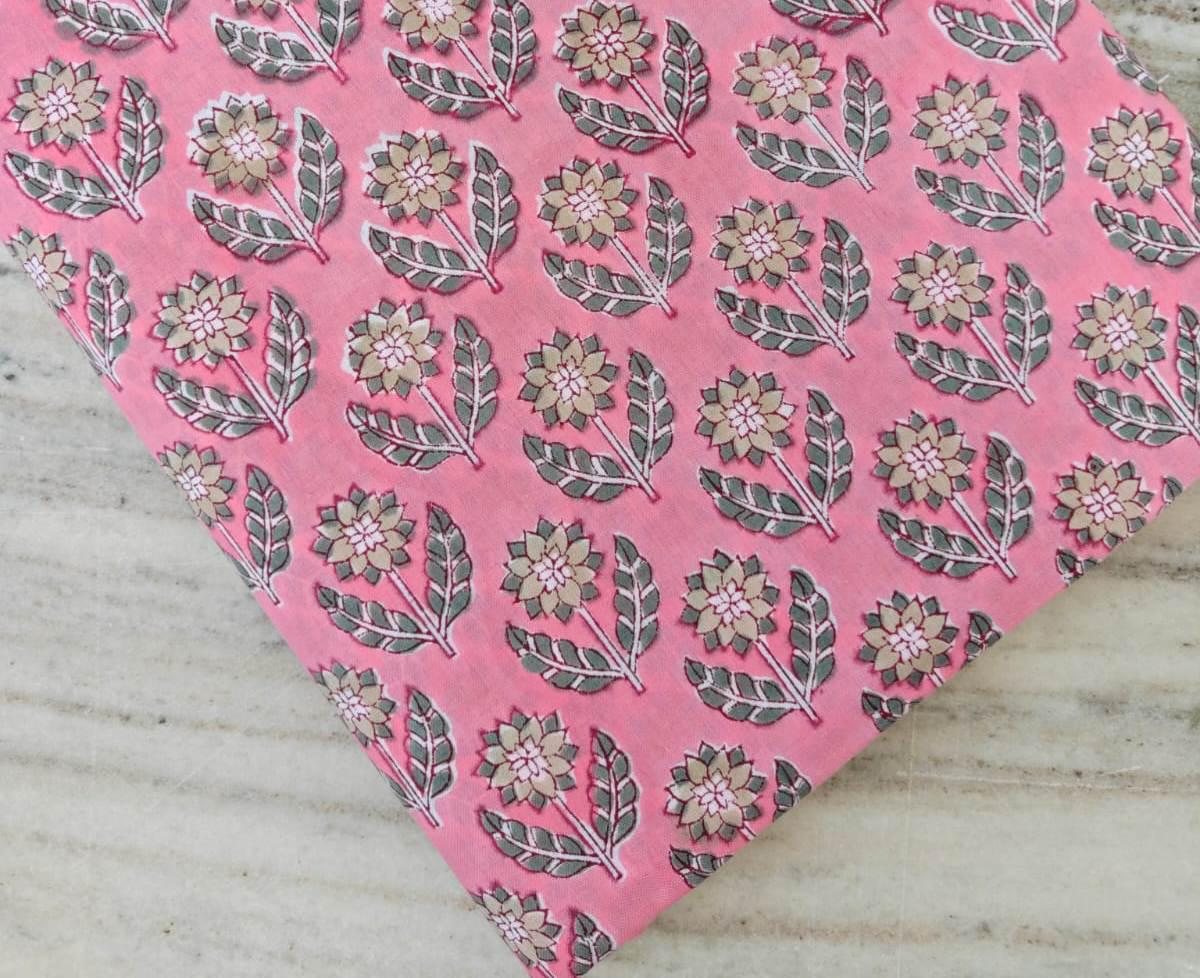 Pink Green Block Print Cotton Fabric, Floral Printed Fabric by the Yard, Soft Cotton for Sewing, Quilting, Dressmaking, Personlized Gifts