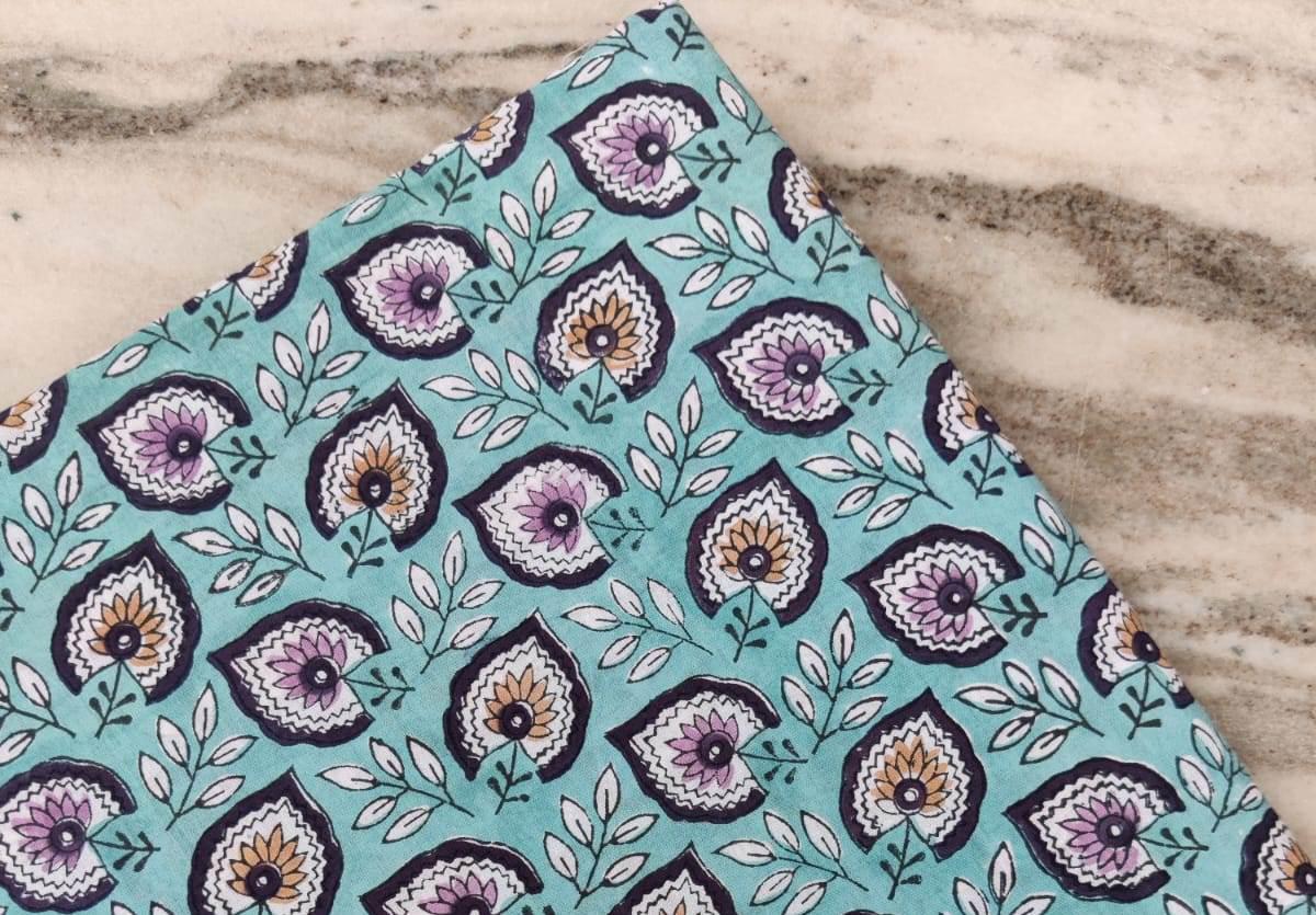 Green Floral Cotton Fabric by the Yard, Hand Block Print Pink Flowers, Soft Indian Cotton for Quilting, Dressmaking, Loose Running Fabric