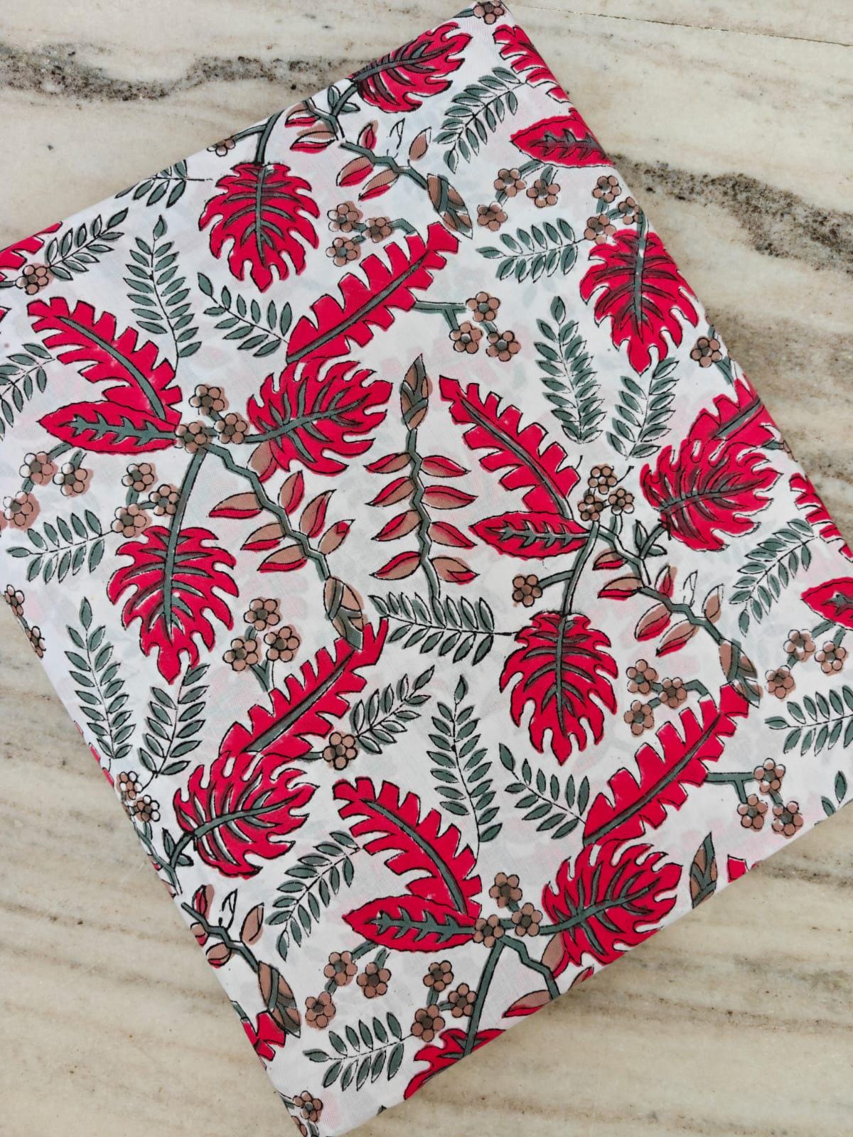 Tropical Red Leaf Cotton Fabric, Botanical Floral Print Fabric, Lightweight Cotton Yardage, Summer Sewing Fabric Dress Quilting Craft Fabric