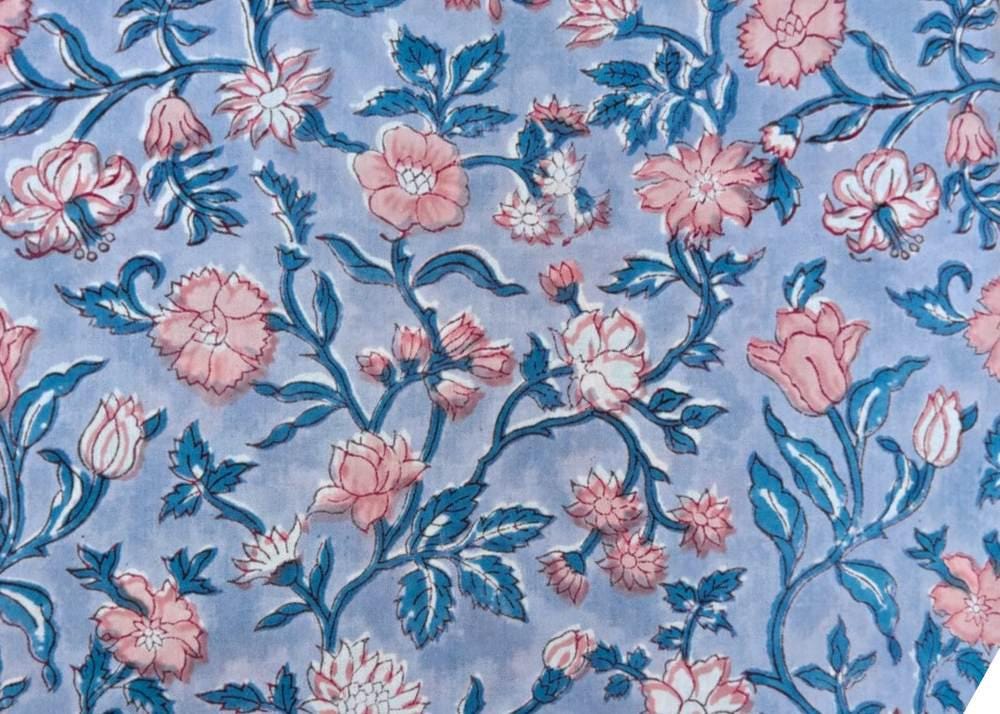 Blue Floral Cotton Fabric, Indian Block Print Fabric, Pink Flower Cotton Fabric, Botanical Vine Fabric, Quilting Fabric, Dressmaking Cotton