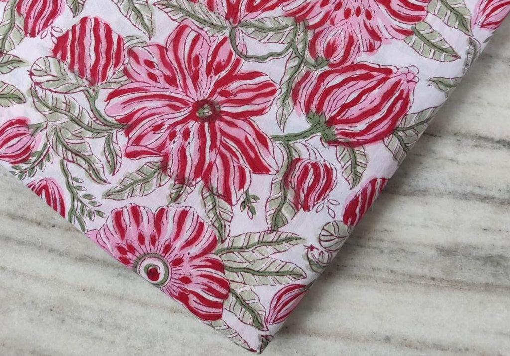 White Red Floral Cotton Fabric, Indian Hand Block Print Fabric, 100% Cotton Fabric By The Yard, Fabric for Loose Running, Textile Fabric