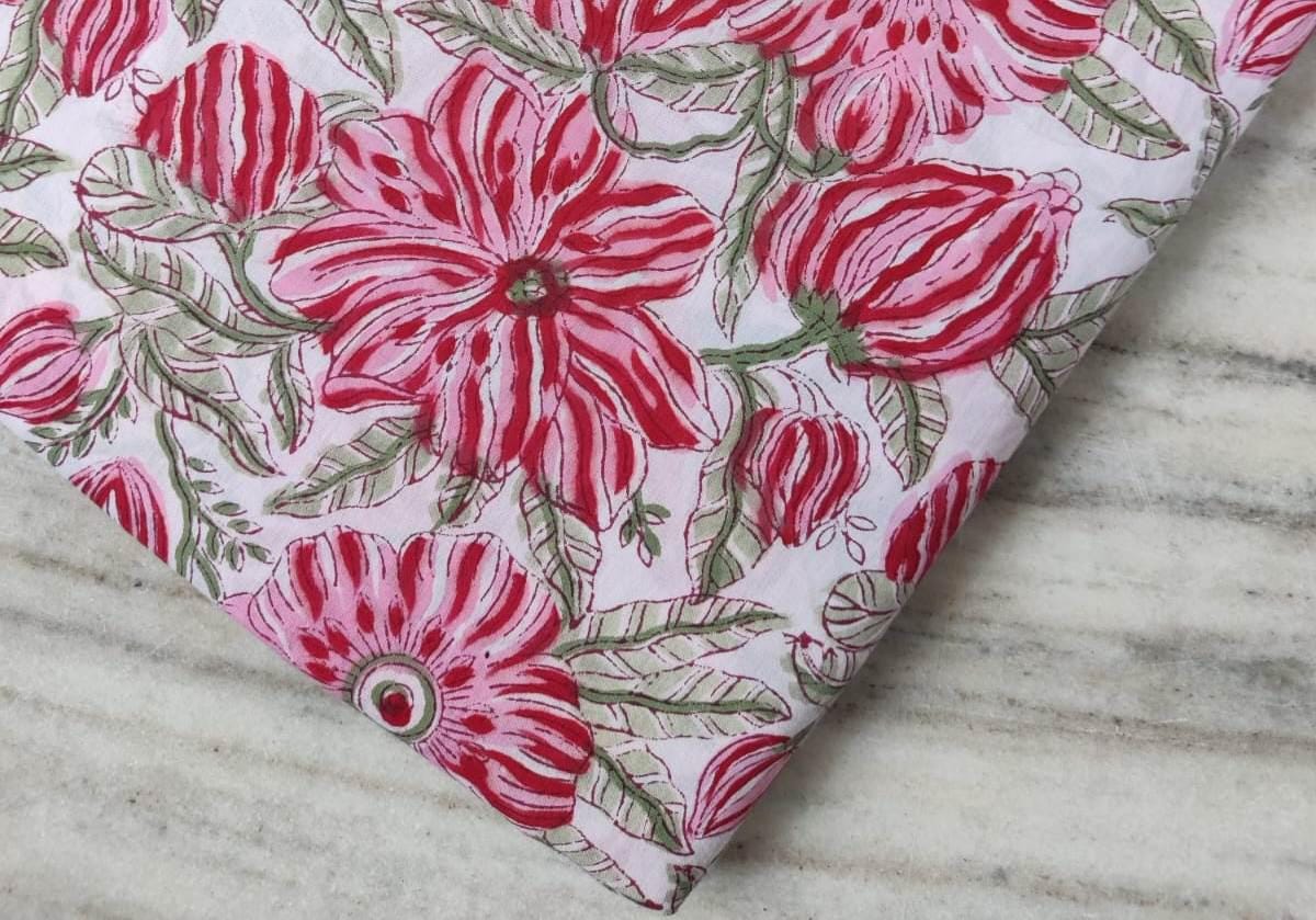 White Red Floral Cotton Fabric, Indian Hand Block Print Fabric, 100% Cotton Fabric By The Yard, Fabric for Loose Running, Textile Fabric