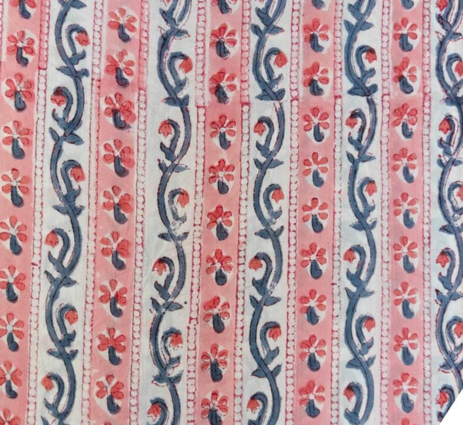 Pink Blue Floral Vine Stripe Cotton Fabric | Indian Block Print Cotton Fabric | Soft Breathable Craft Fabric | Dressmaking Quilting Fabric