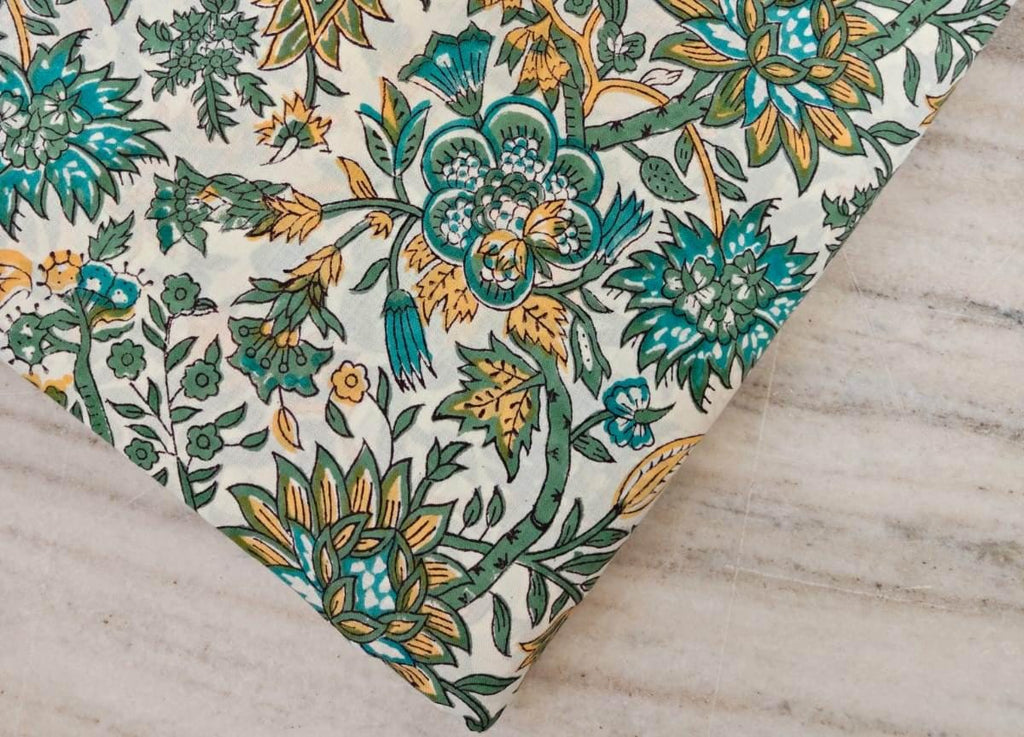 Hand Block Printed Cotton Fabric by Yard, Floral Print Fabric, Teal Green Yellow Fabric Sewing, Quilting, Dressmaking, Craft Cotton Fabric
