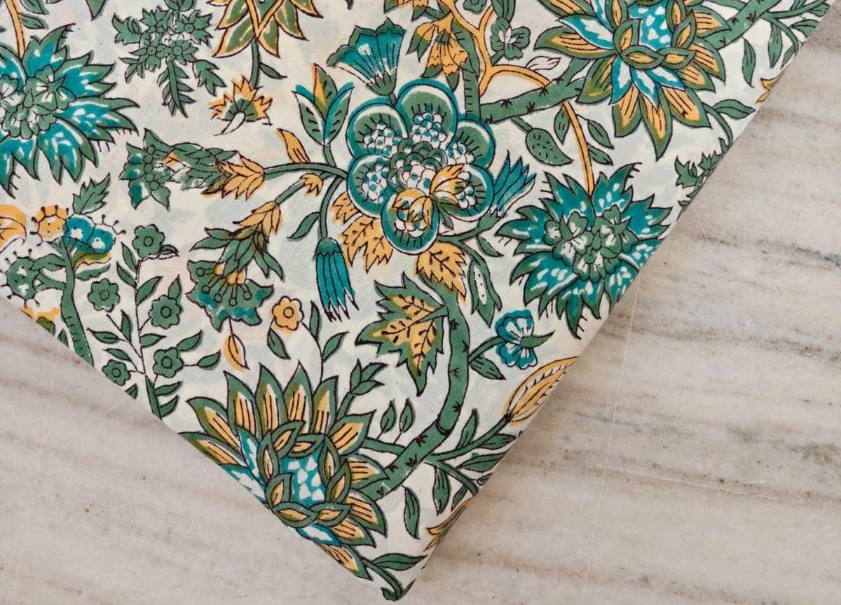 Hand Block Printed Cotton Fabric by Yard, Floral Print Fabric, Teal Green Yellow Fabric Sewing, Quilting, Dressmaking, Craft Cotton Fabric