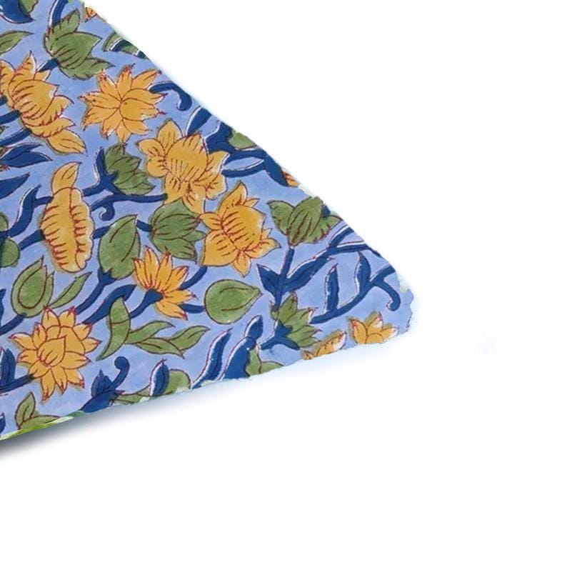 Yellow Floral Cotton Cushion Cover, Blue Hand Block Print Pillow Cover, Decorative Throw Pillow, Handmade Sofa Cushion, Square Pillow Cover
