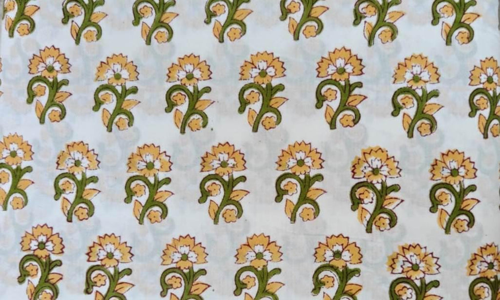 Hand Block Printed Cotton Fabric, Floral Buti Print Fabric by the Yard, Soft White Fabric for Dressmaking, Quilting & Home Decor Fabric